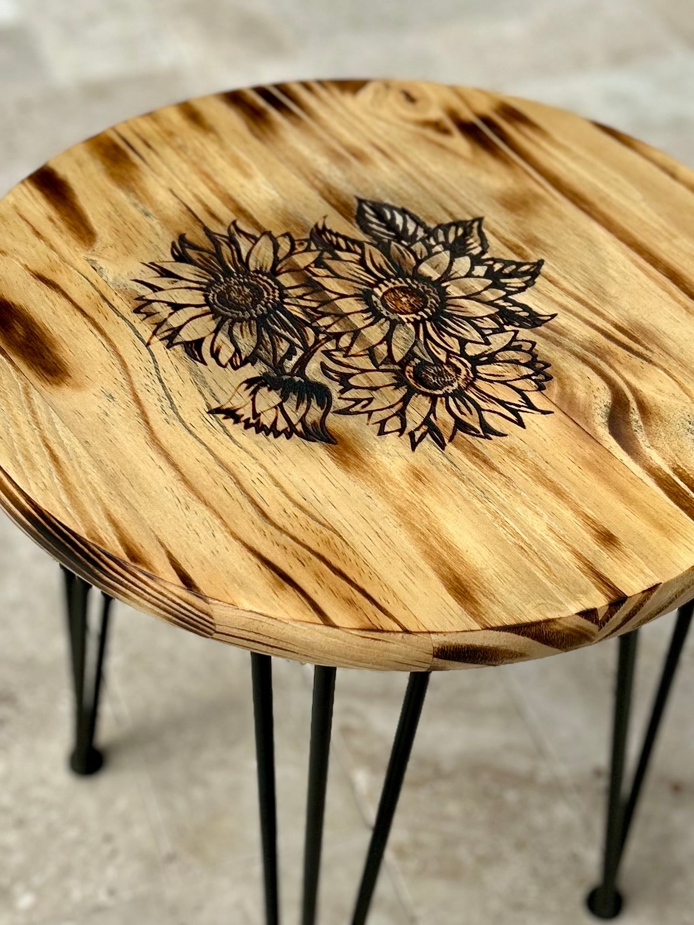 Wood Table Engraved Sunflower