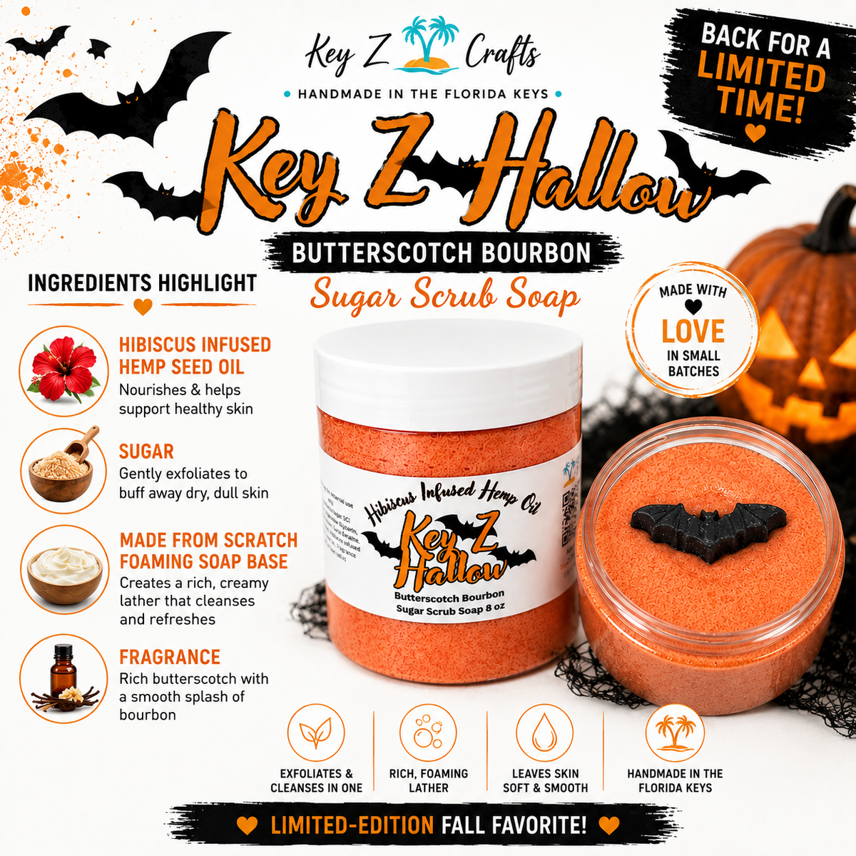 Key Z Hallow – Butterscotch Bourbon Sugar Scrub Soap 🎃🥃