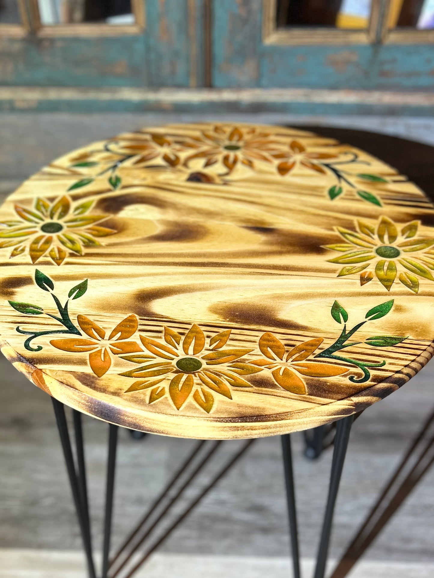 Wood Plant Table Engraved Flowers