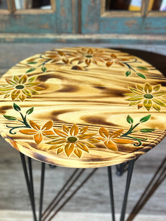 Wood Plant Table Engraved Flowers