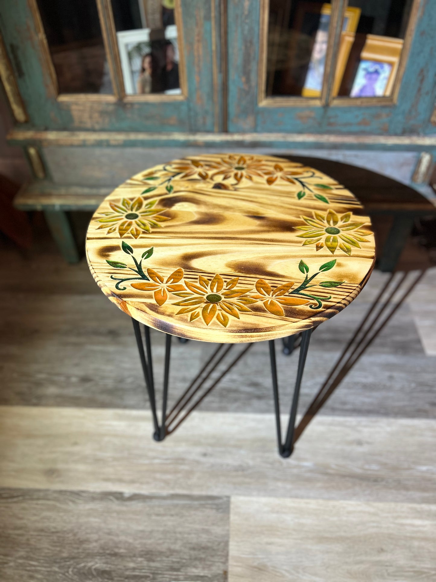 Wood Plant Table Engraved Flowers