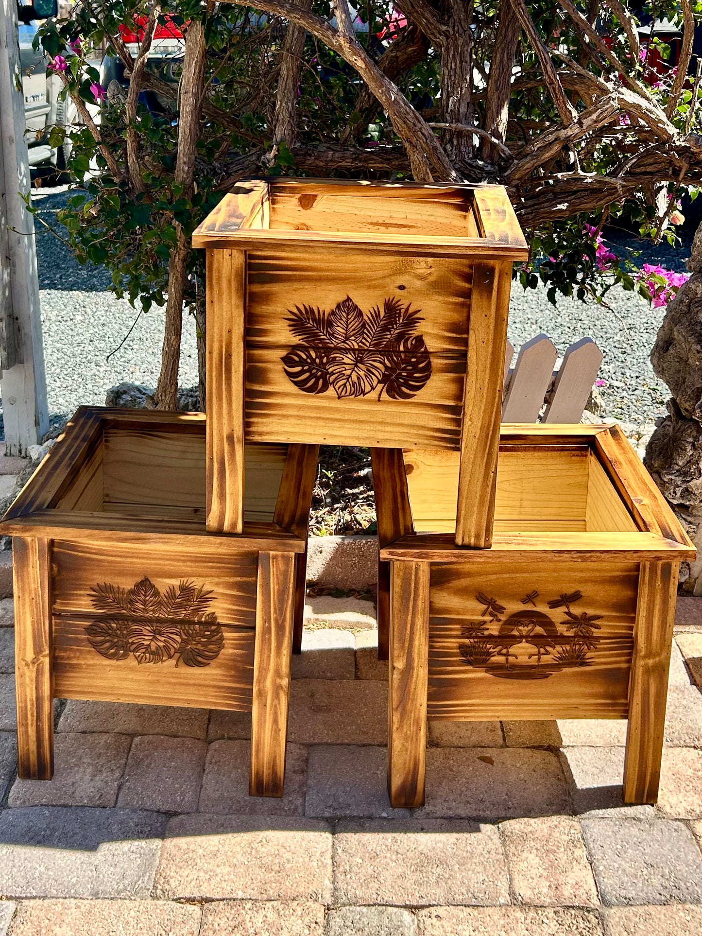 Wooden Planter Boxes Engraved & Torched