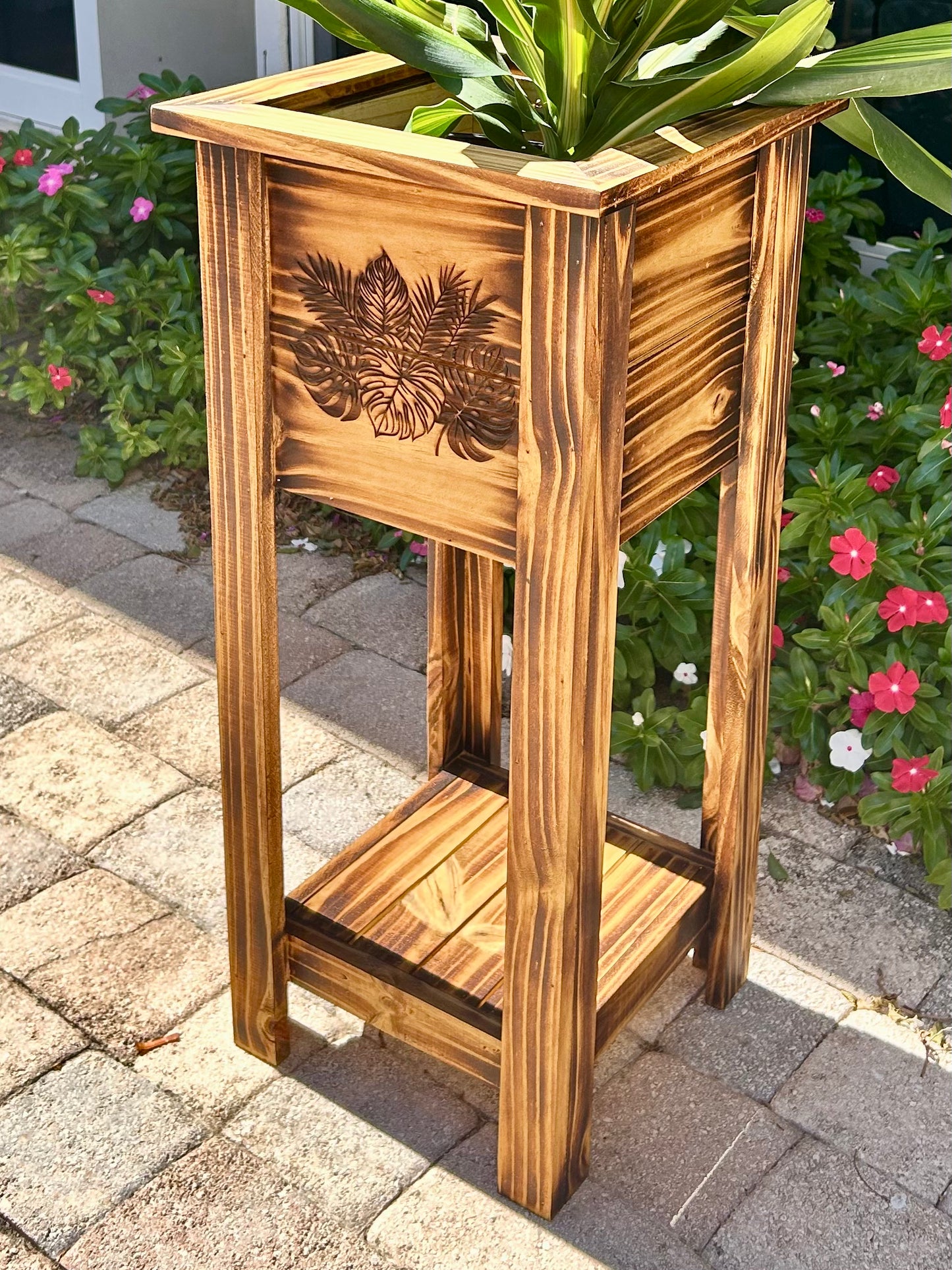 Wooden Planter Shelf Box Engraved & Torched