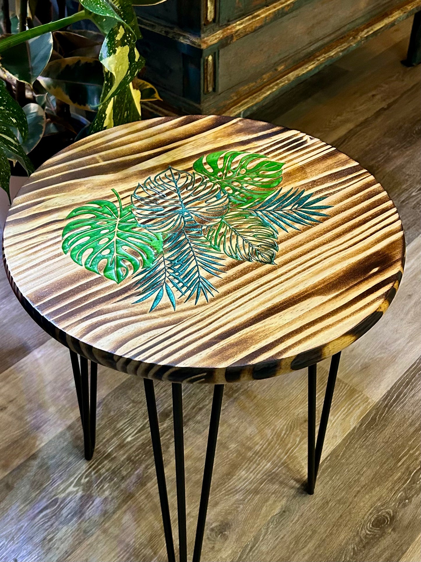 Torched and Engraved Wood Tables