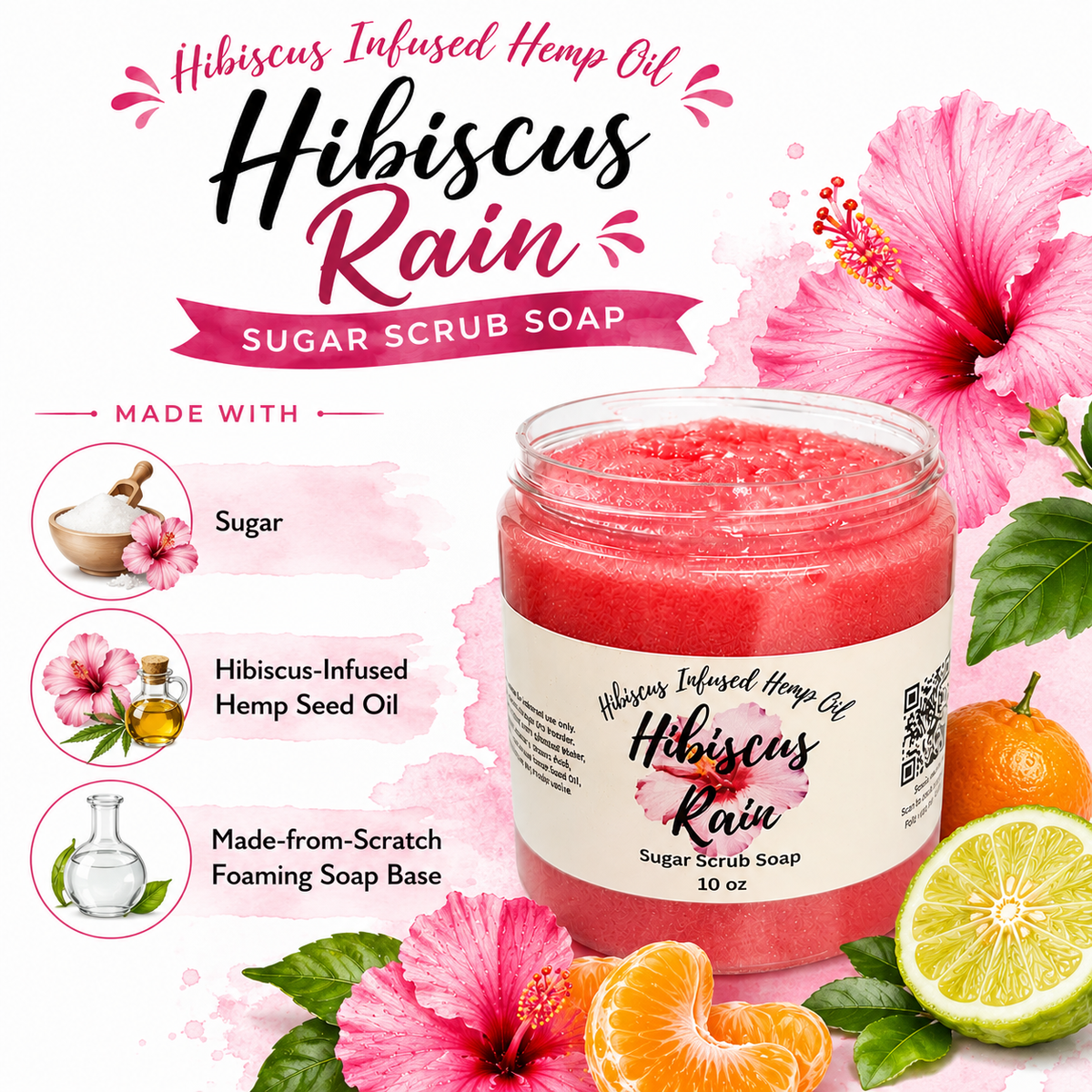 Hibiscus Rain Sugar Scrub Soap – Tangerine Raspberry 8oz