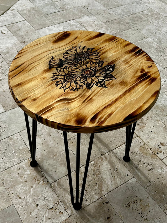 Wood Table Engraved Sunflower