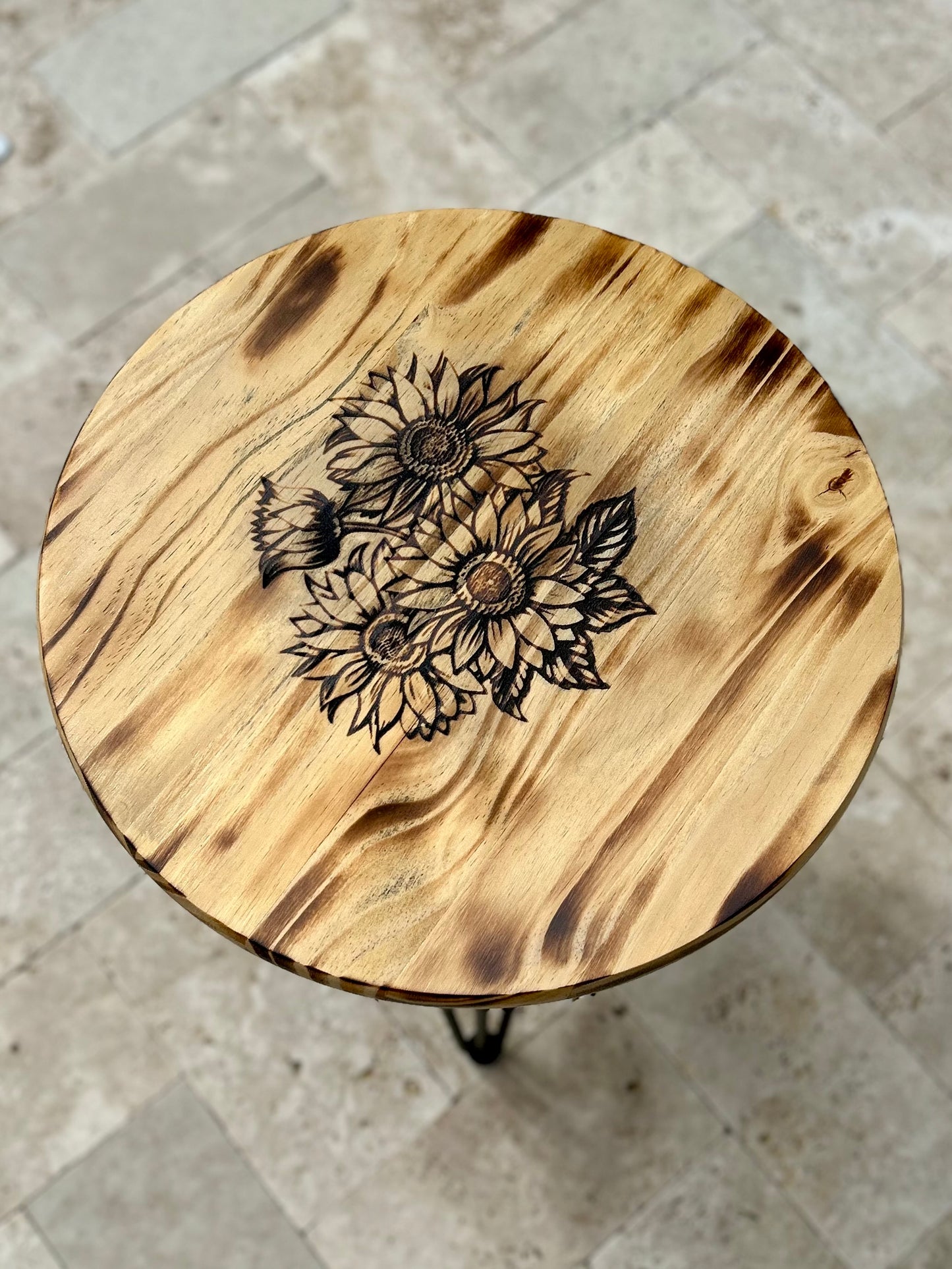 Wood Table Engraved Sunflower