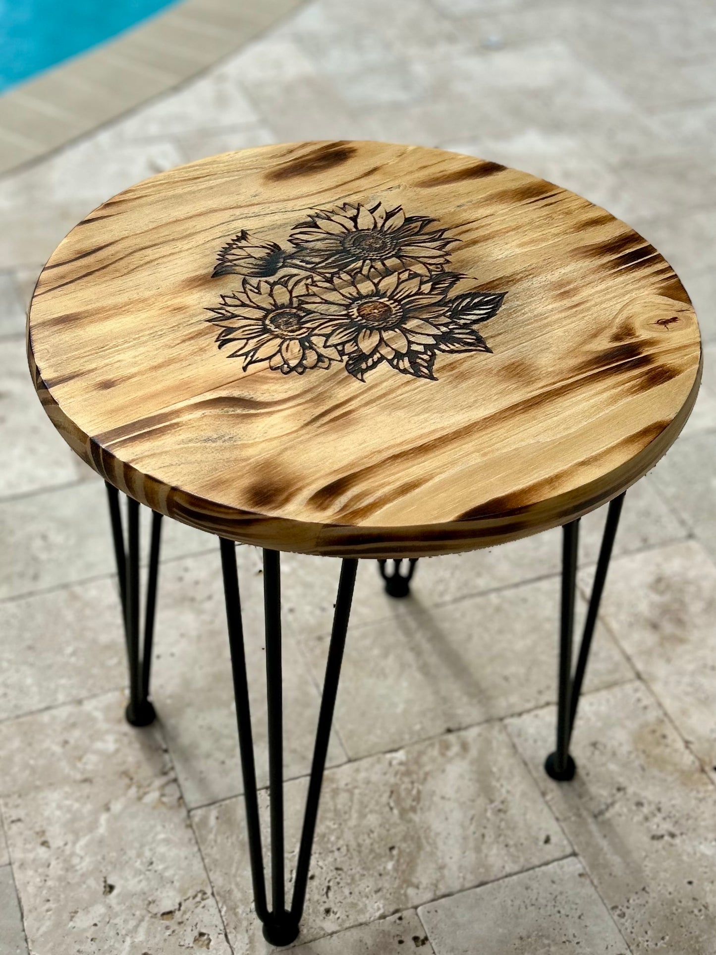 Wood Table Engraved Sunflower