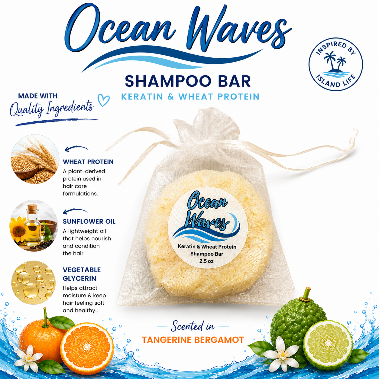 Ocean Waves Shampoo Bar – Keratin & Wheat Protein (3.5 oz)