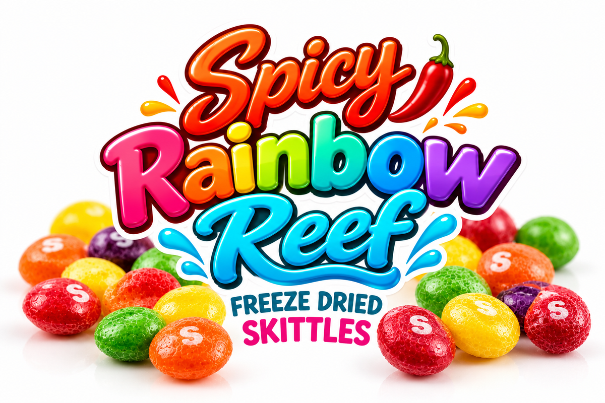 Spicy Rainbow Reef™ – Freeze-Dried Skittles with Chamoy &amp; Tajín 🌈🌶️🏝️